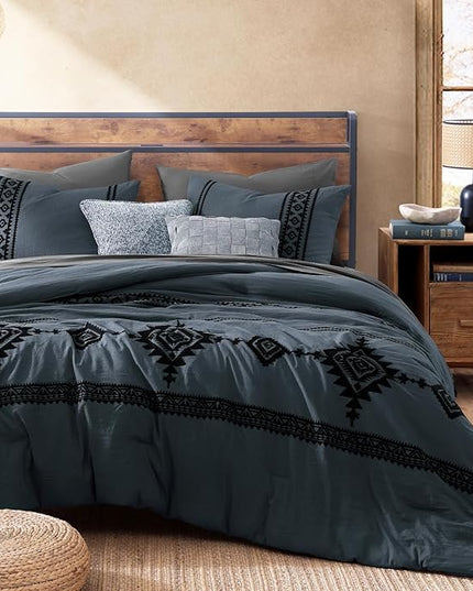 MaiRêve Embroidery Full Size Comforter Set Blue Grey, Farmhouse Western Boho Bedding Set 7 Pieces, All Season Bed in A Bag Comforter Set with Sheets, Pillowcases & Shams