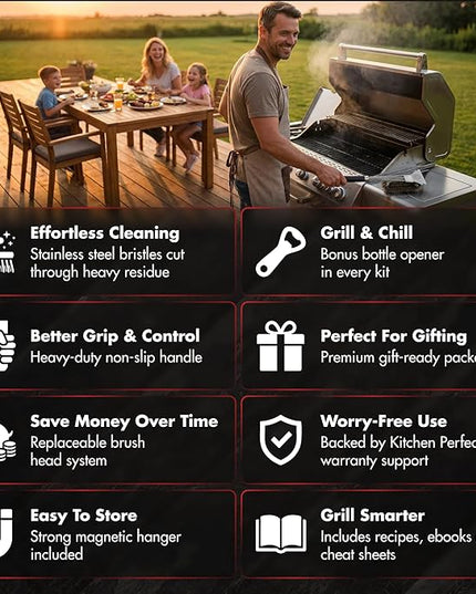 KITCHEN PERFECTION GrillSaver - Safe BBQ Grill Brush with Replaceable Cleaning Head - Heavy-Duty Grill Cleaner with Scraper, Magnetic Hanger, Bottle Opener -Powerful Cleaning Tool for All Grill Grates