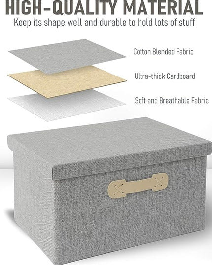 Enzk&Unity Decorative Storage Boxes with Lids, 3 Pack Grey Fabric Storage Bins with Handle, Foldbale and Stackable Storage Boxes for Shelf, Closet, Bedroom, Living Room