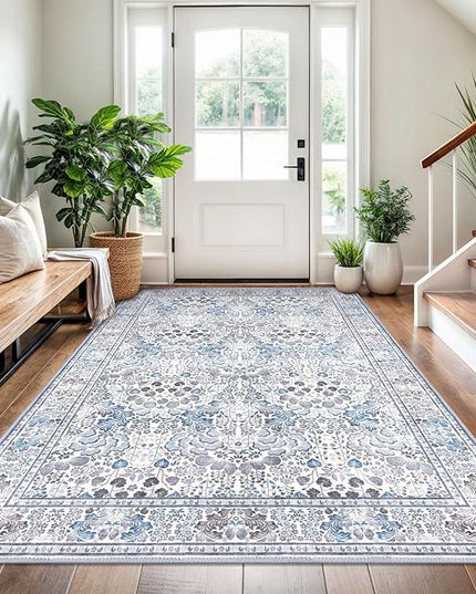 4x6 Modern Rug for Farmhouse, Grey Blue Super Soft Washable Rug with Non-Slip, Low-Pile Indoor Door Area Rugs for Living Room Bedroom, Carpet with Non-Shedding