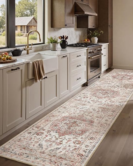 PADOOR-Vintage Runner Rug 2X10 Runners for Hallways-Soft Pink Washable Bedside Rugs for Bedroom-Non Slip Long Rug for Hallways Entryway Laundry Room Stair Kitchen Bathroom