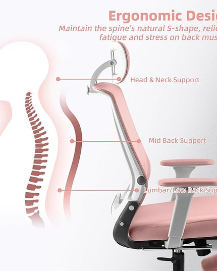 Foldable Office Chair with Foot Rest, Ergonomic Office Chair with Adjustable Lumbar Support, Headrest, Armrest, Home Office Desk Chair for Space Saving, Work from Home, Pink