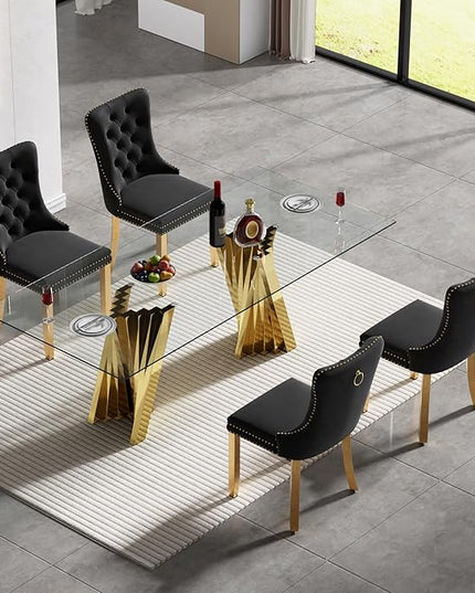 5 Piece Glass Dining Table Set,70" Dinner Room Glass Table Set for 4,Modern Kitchen Dinner Table Set with Stainless Steel Base and 4 Upholstered Velvet Dining Chairs for Living Dining Room