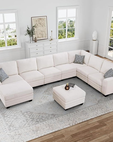 Legend Vansen Sectional Couches for Living Room,L-Shaped Corduroy Sofa with Ottoman for Living Room,Bedroom and Apartment (Cream, U-9)