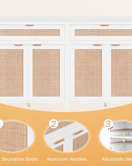 YOUDENOVA 60.3" Sideboard Buffet Cabinet, Rattan Cabinet Cupboard Console with 4 Doors & 2 Drawers, Boho Coffee Bar Table with Adjustable Shelves for Dining Room, Living Room, White