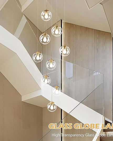 KoKo&Yukina 9-Light Globe Glass Pendant Light Adjustable Length Pendant Lights Fixtures Modern Gold Clear Globe Glass Chandelier High Ceiling Lights Fixtures for Foyer Staircase (Bulb & Remote Incl)