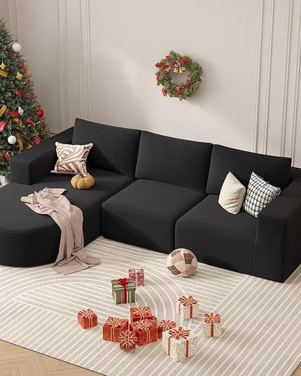 104”Sectional Couches for Living Room, Modular l Shaped Cloud Couch,Boneless Comfy Modern Sofa with Chaise, Deep Seat Convertible Sleeper Sofa Bed,No Assembly Required(Black-Corduroy Fabric) 1pcs