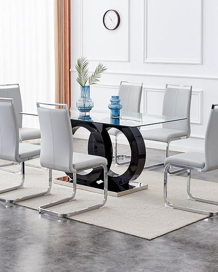 Ebullient Glass Dining Table Set for 6 ，7 Piece Dining Table Set,Tempered Glass Table Top，Modern Dining Room Table with 6 PU Leather Ergonomic Dining Chairs