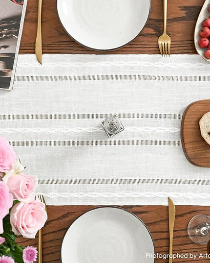 Artoid Mode Rustic Cotton Linen Table Runner, Seasonal Embroidered Hollow Kitchen Dining Table Decoration for Home Party Decor 13x108 Inch
