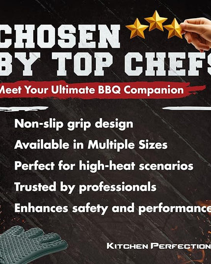 KITCHEN PERFECTION XL Silicone Smoker Oven Gloves-Extreme Heat Resistant BBQ Gloves-Handle Hot Food Right on Your Grill Fryer&Pit|Waterproof Grilling Cooking Baking Mitts|Superior Value Set+3 Bonuses