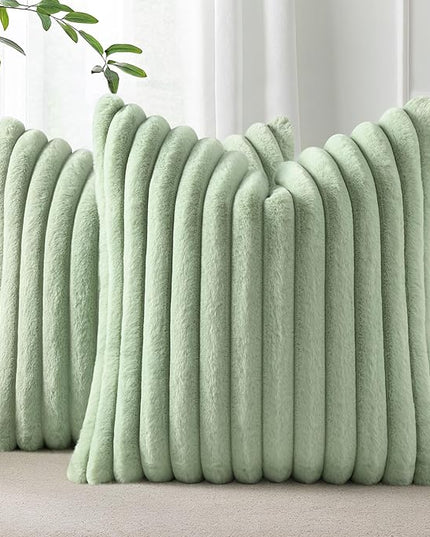 Pallene Faux Fur Plush Throw Pillow Covers 20x20 Set of 2, Luxury Soft Fluffy Striped Decorative Pillow Covers for Sofa, Couch, Living Room, Sage Green