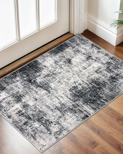 IOHOUZE Small Abstract Area Rug 2x3 Ft Entryway Rugs Washable Door Mat Indoor Entrance, Rubber Backed Throw Rugs, Printed Faux Wool Non Slip Floor Carpet for Foyer Front Door Sink, Black Grey