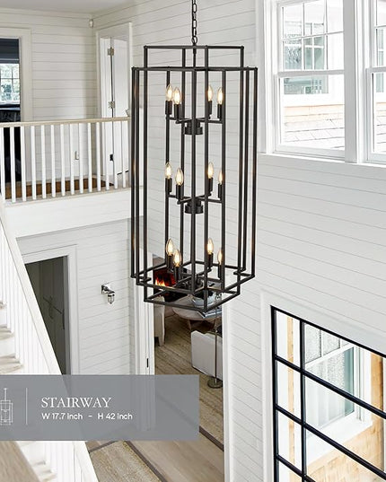 12-Light Lantern Tiered Pendant Light Fixtures, Black Metal Farmhouse Chandelier Hall Foyer Hanging Chandelier for Kitchen Island Dining Room Living Room Foyer Entryway, Black