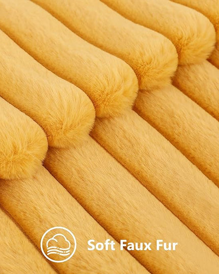decorUhome Faux Fur Spring Throw Pillow Covers 26x26 Set of 2, Decorative Soft Plush Striped Neutral Couch Euro Pillow Covers with Velvet Back for Sofa, Bed, Living Room Home Decor, Mustard Yellow