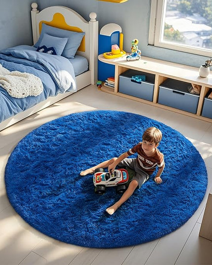 Ophanie Round Rug 6Ft Blue Circle Area Rug, Boys Room Decor, Fluffy Fuzzy Bedroom Carpet, Plush Soft Shaggy Living Room Rugs for Kids Home Decor Aesthetic, Nursery