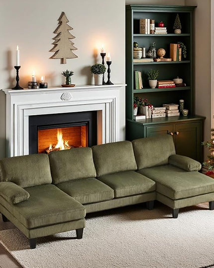 VINGLI 110" Sectional Couches for Living Room,U Shaped Couch with Double Chaise, 4-Seat Sofa Set with Corduroy Fabric for Home Furniture,Green