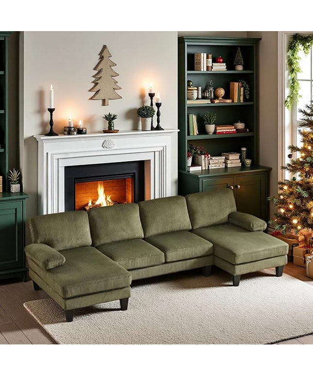 VINGLI 110" Sectional Couches for Living Room,U Shaped Couch with Double Chaise, 4-Seat Sofa Set with Corduroy Fabric for Home Furniture,Green