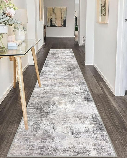 IOHOUZE Abstract Runner Rug 2x10 Ft Washable Runners for Hallways, Non Slip Kitchen Runner Printed Faux Wool Entryway Runner Indoor, Modern Abstract Floor Carpet for Hall Kitchen, Grey Beige