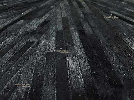 Premium Cowhide Leather Hand Made Stripes Patterned Round Area Rug - 7X7 ft - Black, Premium Hand Made House Carpet for Living Room, Bedroom, Entryway
