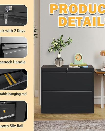 2 Drawer Lateral File Cabinet with Lock, File Cabinet, Metal Lateral Filing Cabinets for Home Office, File Storage Cabinet for Legal/Letter/A4 Documents, Assembly Required (Black, 26'W)