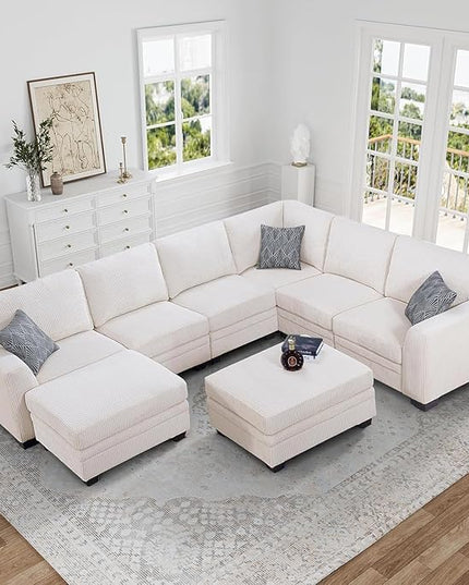 Legend Vansen Oversized Modular Sectional Sofa,8 Seat U Shaped Couch with Ottoman,Corduroy Sofa with Deep Seat,Convertible Large Sectional Couches for Living Room(Cream, U-8)