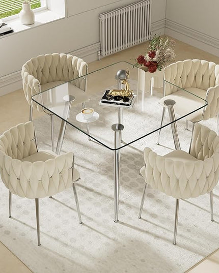 Silver Glass Dining Room Table Set for 4, 36'' Modern Luxury Square Dinner Table Set, 5 Piece Clear Glass Top Minimalist Kitchen Table Set, Ivory Woven Dining Chair for Small Apartment