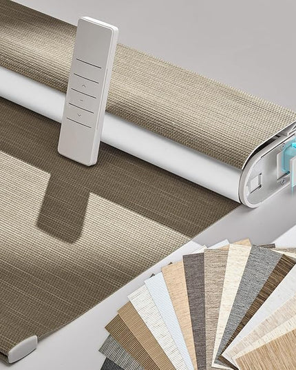 Persilux Smart Motorized Blinds with Remote, No Drill Automatic Roller Shades for Indoor Windows, Blackout Linen Fabric, Electric Blinds for Windows, Weave Caribou C162BO-5, Custom Size