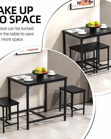 Finnhomy 3-Piece Dining Table Set, Small Kitchen Table with 2 Chairs, LED Light and USB Type-C Power Outlet, Space-Saving Design for Dining Room, Living Room, Apartment, Rustic Black
