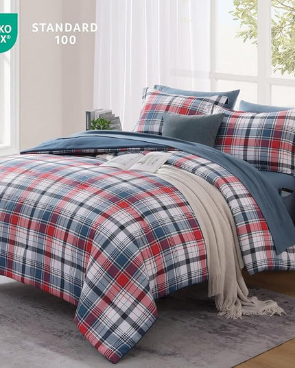 MaiRêve Queen Size Plaid Comforter Set Navy Red, Classic 7 Pieces Farmhouse Bedding Set, All Season Lightweight Bed in A Bag with Sheets, Pillowcases & Shams