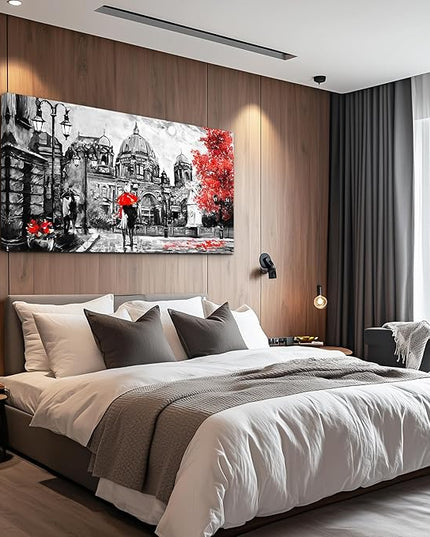 Black and White Buildings and Lovers Holding Umbrellas Under Street Lamps Canvas Art Print Artwork Wall Art for Living Room bedroom Wall Decor，Modern Home Decor Watercolor wall painting decoration