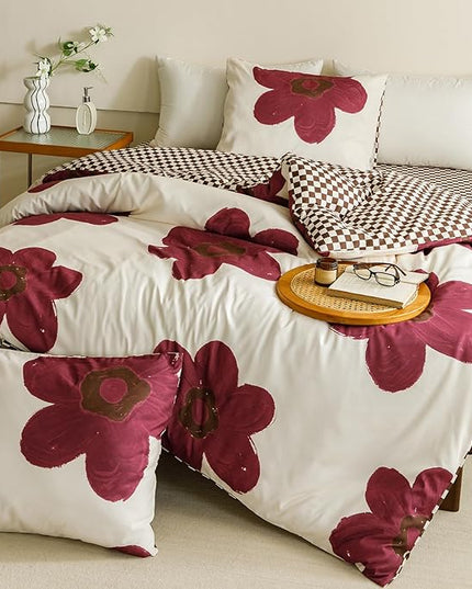 Houseri Burgundy Sunflower Comforter Set King Foral Bedding Soft Comfy Comforter Quilts