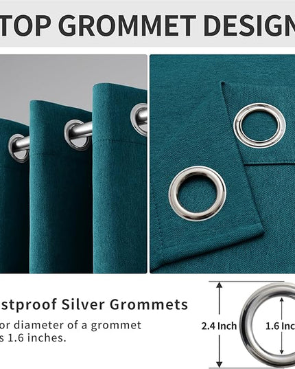 Easy-Going Linen Look Blackout Curtain 108 Inch Length Grommet Window Curtain for Bedroom, Living Room Thermal Insulated Room Darkening (Set of 2 Panels, Peacock Blue)
