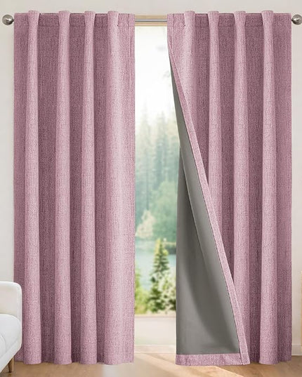 Joydeco Blackout Curtains for Bedroom - 90 Inch Long 100% Light Blocking 2 Panels Set Pink Drapes, Thermal Insulated Room Darkening Curtains, Linen Textured for Living Room, Rod Pocket & Back Tabs