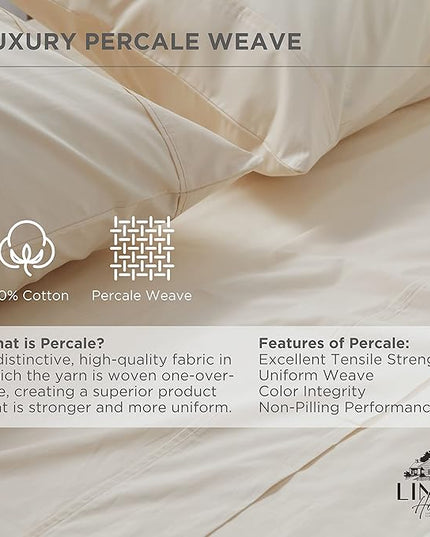 Linen Home 100% Cotton Percale Pillowcases King Size, Ivory, 2 Pieces of Pillow Case, Crisp and Cool Strong Bed Linen, 20 inches X 40 inches
