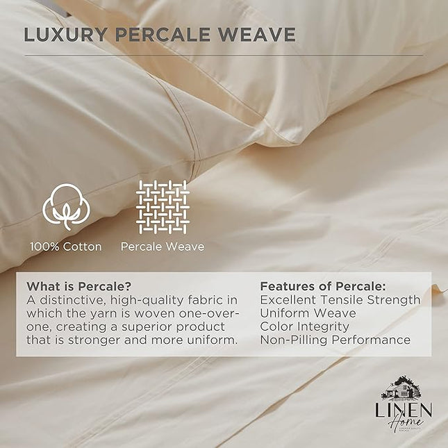Linen Home 100% Cotton Percale Pillowcases King Size, Ivory, 2 Pieces of Pillow Case, Crisp and Cool Strong Bed Linen, 20 inches X 40 inches