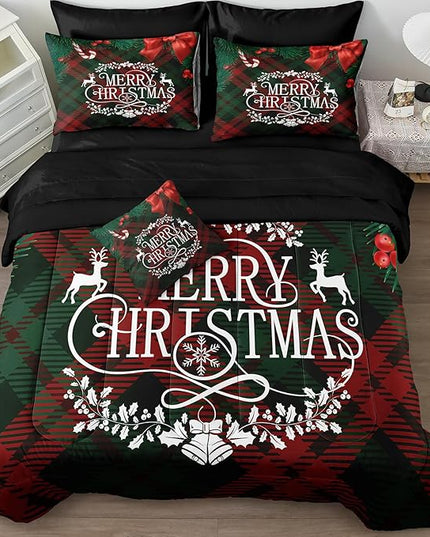Bedbay Christmas Comforter Set Queen Size Bedding Set Xmas Bow Buffalo Checkered 8 Pcs Christmas Bedding Set 1 Comforter 4 Pillowcases 1 Cushion Cover 1 Flat Sheet 1 Fitted Sheet