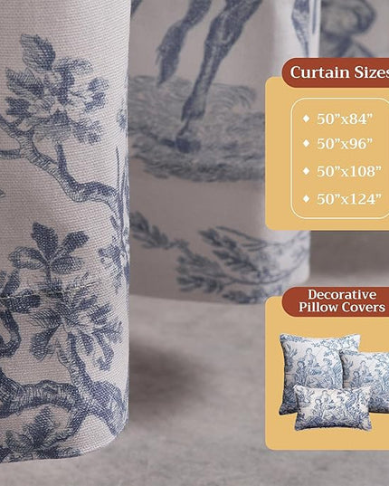 Maison d' Hermine Curtains for Living Room 100% Cotton 108 inch Length One Panel Light Filtering Toile Curtains for Bedroom Windows with Rod and Loop Pockets Drapes (The Miller Denim, 50" W x 108" L)