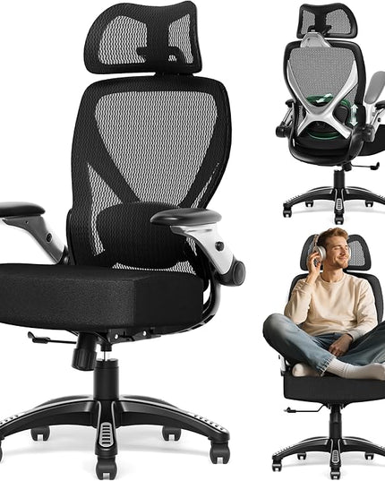 GABRYLLY Ergonomic Office Chair, Home Mesh Desk Chair with Adjustable Lumbar Support, 5D Arms & Wide Seat, 135° Recline Big and Tall Computer Chairs for Work Gaming, Heavy Duty,300LBS