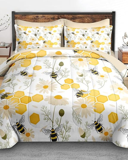 Comforter Set Twin Size, Bees Honey Flower 5 Pcs Bedding for Kids and Adults, Spring Floral Summer Bed Sheet Sets with Fitted Sheet Pillowcase & Sham for Bedroom Bed Decor