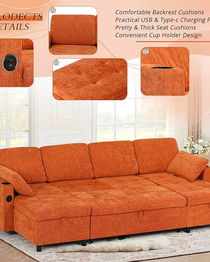 110" Sectional Pull Out Sofa Bed with Adjustable Backrests, U-Shaped Sleeper Sofa with USB Ports, Upholstered Reversible Couch with Cup Holder & Storage Space for Living Room, House, Orange
