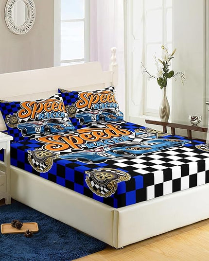 AILONEN Racing Car Fitted Sheet Twin Size, Cool Speed Race Car BedSheets Set for Kids Boys,Checkered Squares Bedding Sets,Extreme Sport Bed Sheet Set,3 Pieces,1 Fitted Sheet and 2 Pillowcases