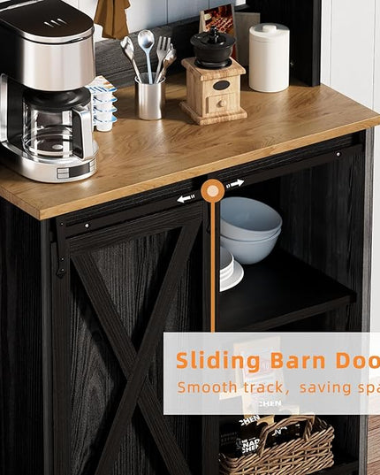 Farmhouse Coffee Bar with 3 Tier Storage Hutch, 56 Inch Small Bar Station with 6 Hooks, Corner Table with Adjustable Shelves for Living Dining Room (Black)