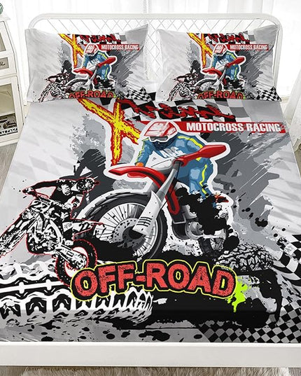 AILONEN Motorcycle Dirt Bike Fitted Sheet Set, Full Size Bedding Sheet Motocross Racing Sheet Set,Teen Boys Motocross Racer Bed Sheet Set 3 Pieces, 1 Fitted Sheet and 2 Pillowcases