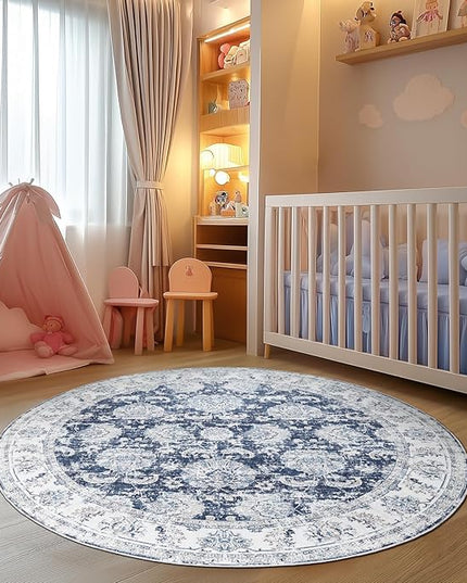 jinchan Fiora Round Rug 6ft Area Rugs Vintage Floral Distressed Design - Machine Washable Non-Slip Low-Pile Ultra-Thin Circle Rug for Entryway Bedside Living Room Bedroom (6' Round, Dark Blue)