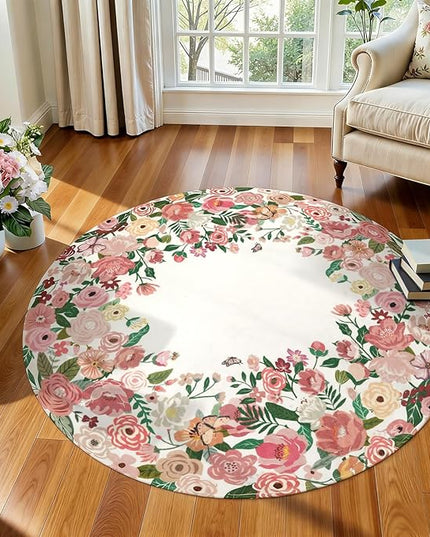 Wonnitar Washable 4ft Round Area Rug, Pink Camellia Floral Living Room Rugs for Bedroom Girls, Low Pile Soft French Throw Carpet for Kids Nursery Room Decor (Pink,4ft Round)