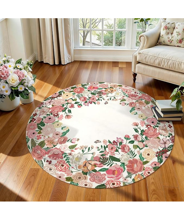 Wonnitar Washable 4ft Round Area Rug, Pink Camellia Floral Living Room Rugs for Bedroom Girls, Low Pile Soft French Throw Carpet for Kids Nursery Room Decor (Pink,4ft Round)