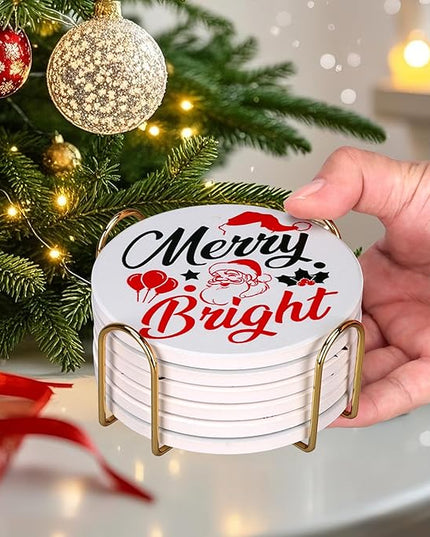 6 Pcs Ceramic Christmas Coasters with Holder Best Absorbent Drink Coasters Set Cute Xmas Holiday Coaster Set Coffee Table Decor Funny Christmas Decoration Housewarming Gift Festive Cup Coasters
