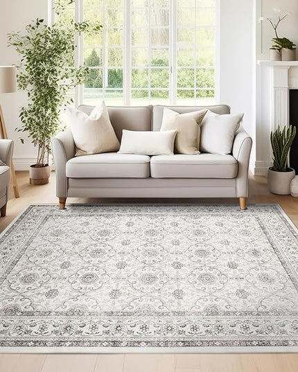 jinchan Floral Area Rugs 4x6 - Machine Washable Vintage Distressed Boho Design Throw Rug Stain Resistant Carpet Low Pile Ultra-Thin Non-Slip for Bedroom Living Room Dining Room Kitchen (4‘x6', Beige)