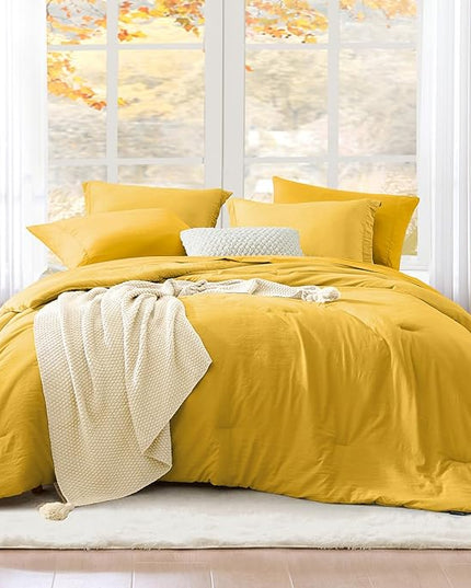 WRENSONGE Queen Comforter Set- 7 Pieces Soft Yellow Bed in a Bag Queen with Fitted Sheet, Flat Sheet, 2 Shams, and 2 Pillowcases- Warm Bedding Sets for All Season