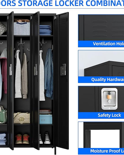 Aobabo Metal Lockers for Employees, 3 Doors Storage Locker with 9 Hooks for Office Home, Black, Assembly Required